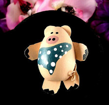 Vintage Painted Paper Pink Pig Pin Handcrafted Wood Brooch Enamels Hand Made - £13.44 GBP