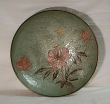 Vintage Hand Painted Brass Footed Bowl w Pink Floral Flowers Table Cente... - £23.45 GBP