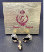 Premier Designs Jewelry Black Rhinestone Gold Tone Pendant &amp; Earrings SK... - £15.72 GBP