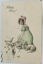 Froliche Ostern Happy Easter Sweet Girl Chickens Lamb c1907 Postcard L18 - £7.07 GBP
