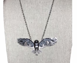 Large Silver Black Night Owl Charm Necklace Wings Spread Barn Flying Statement - £13.57 GBP