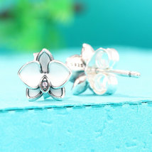 925 Sterling Silver Orchids, White Enamel & Clear CZ Stud Earrings  - $15.88