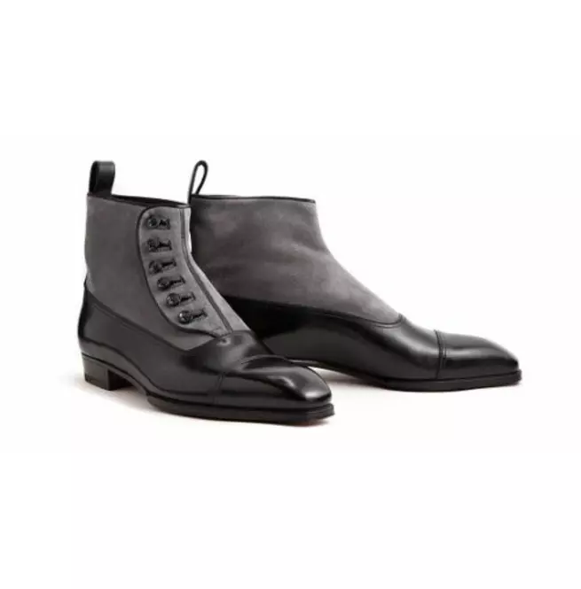 New Handmade Gray &amp; Black Leather &amp; Suede Side Ankle Buttons Dress Boots... - $149.99+
