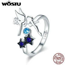 WOSTU 925 Sterling Silver Fairy & Star Ring Blue Cubic Zirconia  Adjustable Open - £18.42 GBP