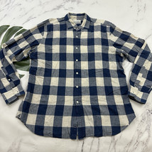 Trenery Mens Linen Button Up Shirt Size XXL Blue White Check Plaid Long ... - $24.74