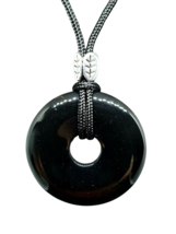 Obsidian Necklace Scrying Gemstone Donut Pendant Feather Bead Protection Cord - £13.50 GBP
