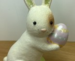 Flocked Bunny Paper Pulp Holding a Striped Easter Egg 10 inches Tags - $13.91
