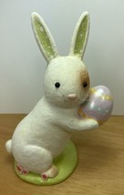 Flocked Bunny Paper Pulp Holding a Striped Easter Egg 10 inches Tags - $13.91