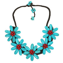 Five Turquoise Flowers with Synthetic Coral Center Stone Necklace - £18.33 GBP