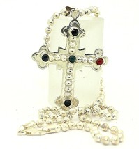 CROSS PENDANT & 24.75 in LONG BEADED CHAIN REAL SOLID 925 STERLING SILVER 55.9 g - £223.26 GBP