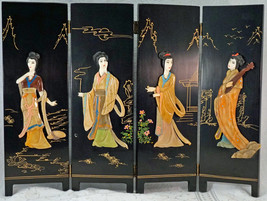 4 Panel Lacquer-ware Table Screen with 4 Geisha Made with raised 3D pieces - $79.99