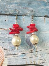 Red Coral Pearl silver earrings Boho earrings  Victorian earrings Bohemi... - $47.88 CAD