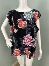 Women&#39;s 14th &amp; Union Black Floral Cap Flutter Sleeve Blouse Top Sz XL - £14.78 GBP
