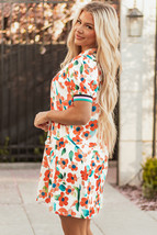Orange Contrast Trim Floral Split Neck Puff Short Sleeve Tiered Mini Dress - $17.27