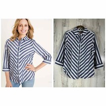 Chicos No Iron Stain Shield Shirt Size 0 Small Blue White Stripe 3/4 Sleeve - £19.37 GBP