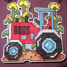 New Tractor Christmas Whimsy Ornament Handmade Finished Cross Stitch Red 3&quot; - £11.90 GBP