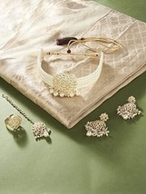 GoldTone Multistrand Pearl Choker Kundan Necklace Earring Maangtikka Jewelry Set - £16.53 GBP