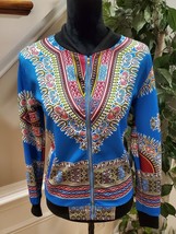 African Print Multicolor Dashiki Long Sleeve Full Zip Bomber Jacket XL - £24.03 GBP