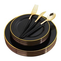 120 Pcs Black Plastic Plates With Gold Rim, Gold Disposable Cutlery With Black H - £43.95 GBP