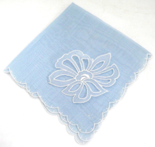 Vintage Hanky Handkerchief  Blue with Applied White Lace Flower 11&quot; Square - £6.64 GBP