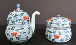 Vtg Chinese Arita Ware blue green &amp; orange design ceramic sugar bowl &amp; c... - $24.99