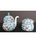 Vtg Chinese Arita Ware blue green &amp; orange design ceramic sugar bowl &amp; c... - £19.66 GBP