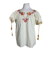 Womens Size 6 White Embroidered Floral Blouse Top Cotton Tassels Boho Pe... - £19.73 GBP