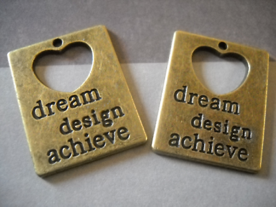 2 Quote Pendants Antiqued Bronze Word Pendants DREAM DESIGN ACHIEVE Insp... - $1.79