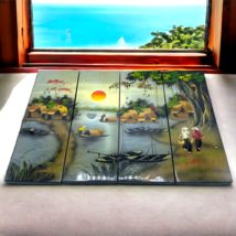 Vtg Wood Divided 4 Panel Black Lacquered Chinese Asian Landscape 15.5&quot; x 11.75&quot; - £62.54 GBP