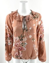 W5 Top Size Small Pink Green Floral Ruffle Tie Neck Blouse Long Sleeve Womens - £18.66 GBP