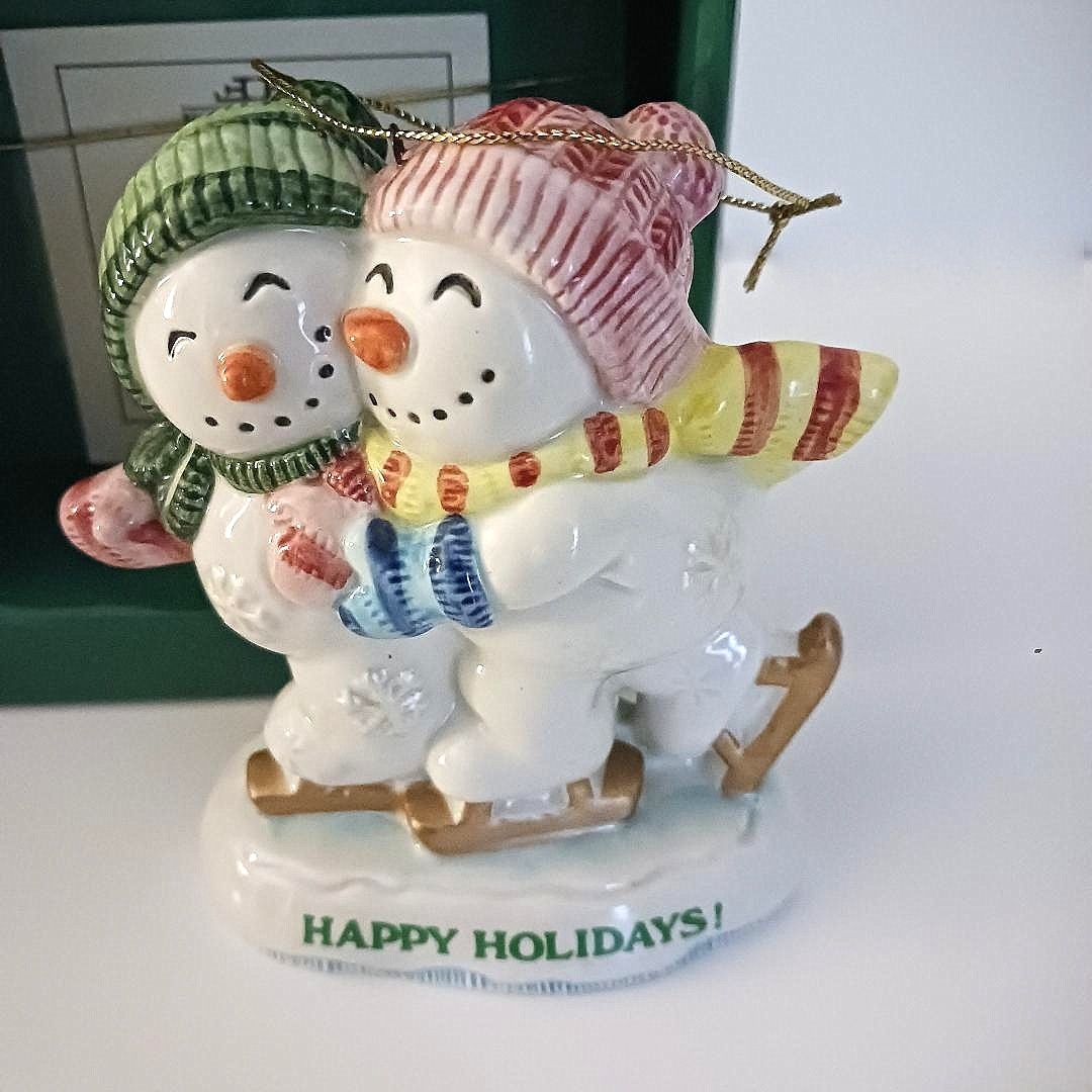 Fitz and Floyd Christmas Ornament Frosty the Snowman Happy Holidays Him and Her - $16.95