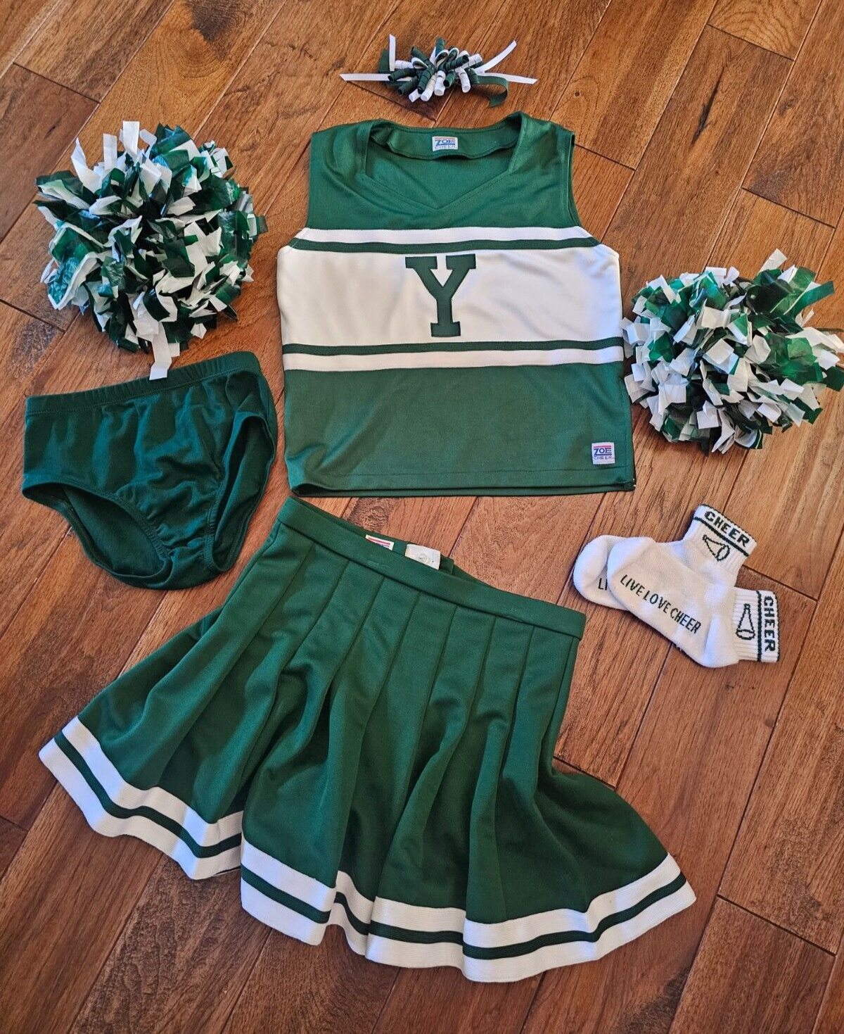 Primary image for Junior Small Cheerleading Uniform/Costume Pom Poms, Socks, Hair Bow Green/White