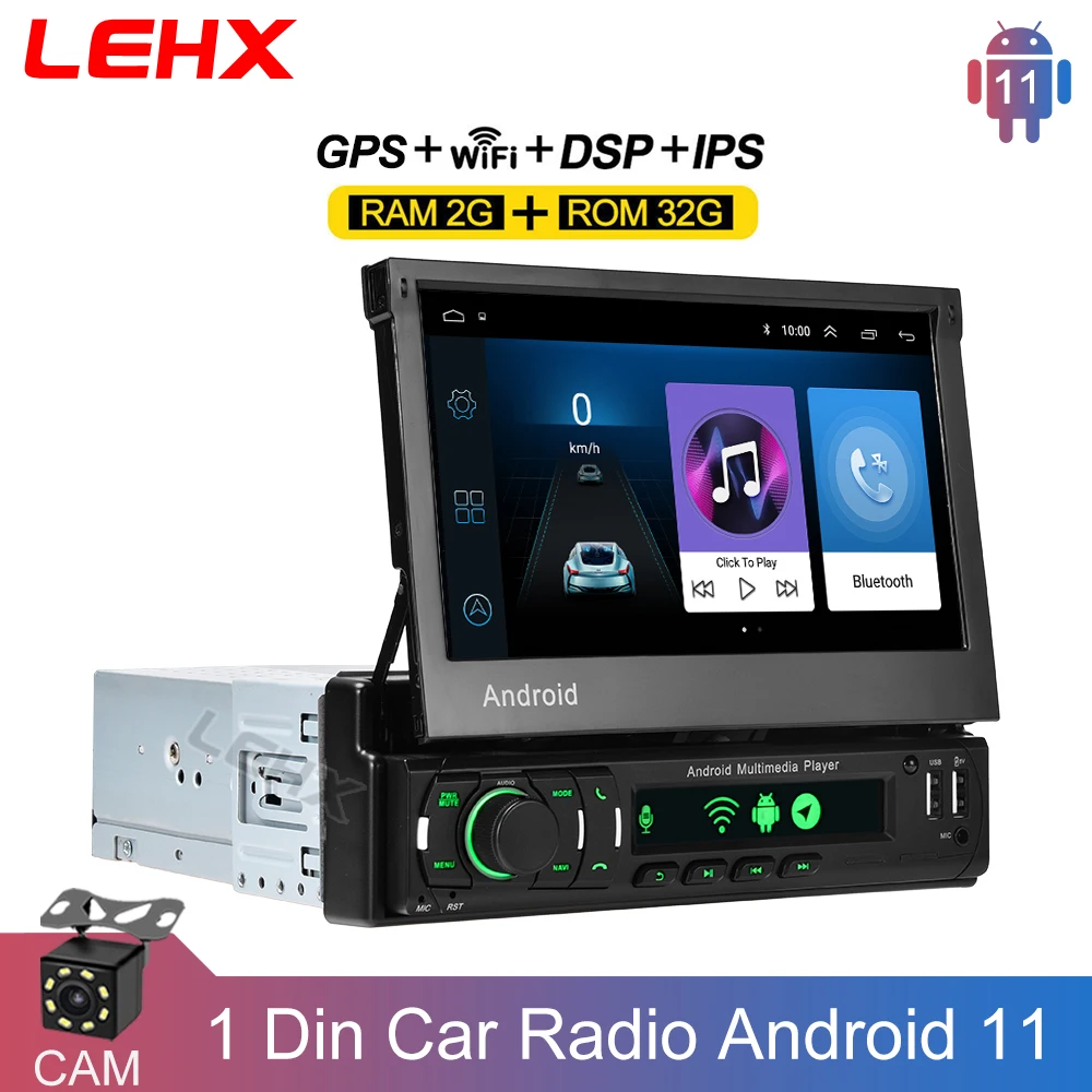 LEHX Radio 1Din Android Auto Carplay 7&quot;HD Universal Stereo GPS Navig Retractable - £94.36 GBP+
