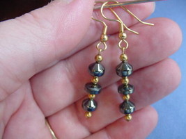 (EE-349) Black gray hematite three bead gold dangle pair EARRINGS iron oxide - £7.62 GBP