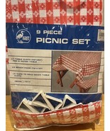 Vintage Egret Picnic Table 9 Piece Cover Red Gingham Check Tablecloth Vi... - €42,63 EUR