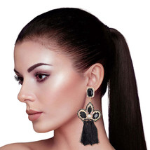 Black Triple Tassel Stone Earrings - $39.49