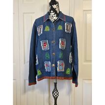 Patchington Womens Denim Jacket L Christmas Trees Stockings Embroidered ... - $29.70