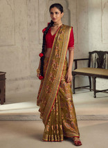 Beautiful Mustard Yellow And Red Traditional Embroidery Organza Silk Saree945 - £50.57 GBP