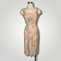 Vintage 1980s Sundress Smocked Top Knee Length Dress Floral Pink Small b131 - £26.67 GBP
