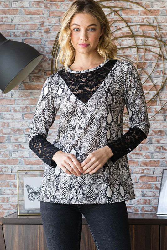 Heimish Full Size Snakeskin Print Round Neck Lace Contrast Top Item image 4