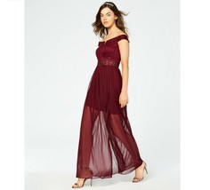 BCX Junior Womens 5 Burgundy Sparkle Lace Bodice Lined Off The Shoulder Gown NWT - £24.39 GBP