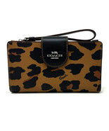 Coach Phone Wallet Leopard Print Signature Canvas Interior Light Saddle ... - $147.51