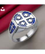 Sterling Silver Blue Enamel Jerusalem Cross Octagon Signet Ring for Men - $109.99