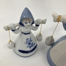 Vintage Dutch Girl Milk Maid Bell Figurines Buckets Figurine Holland Blue Set/2 - £11.89 GBP