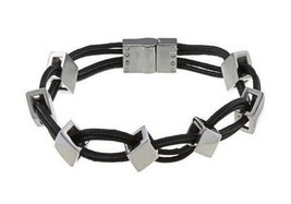 iJewelry2 Stainless Steel Diamond Shaped and Black Leather Links Men Bracelet - £45.89 GBP