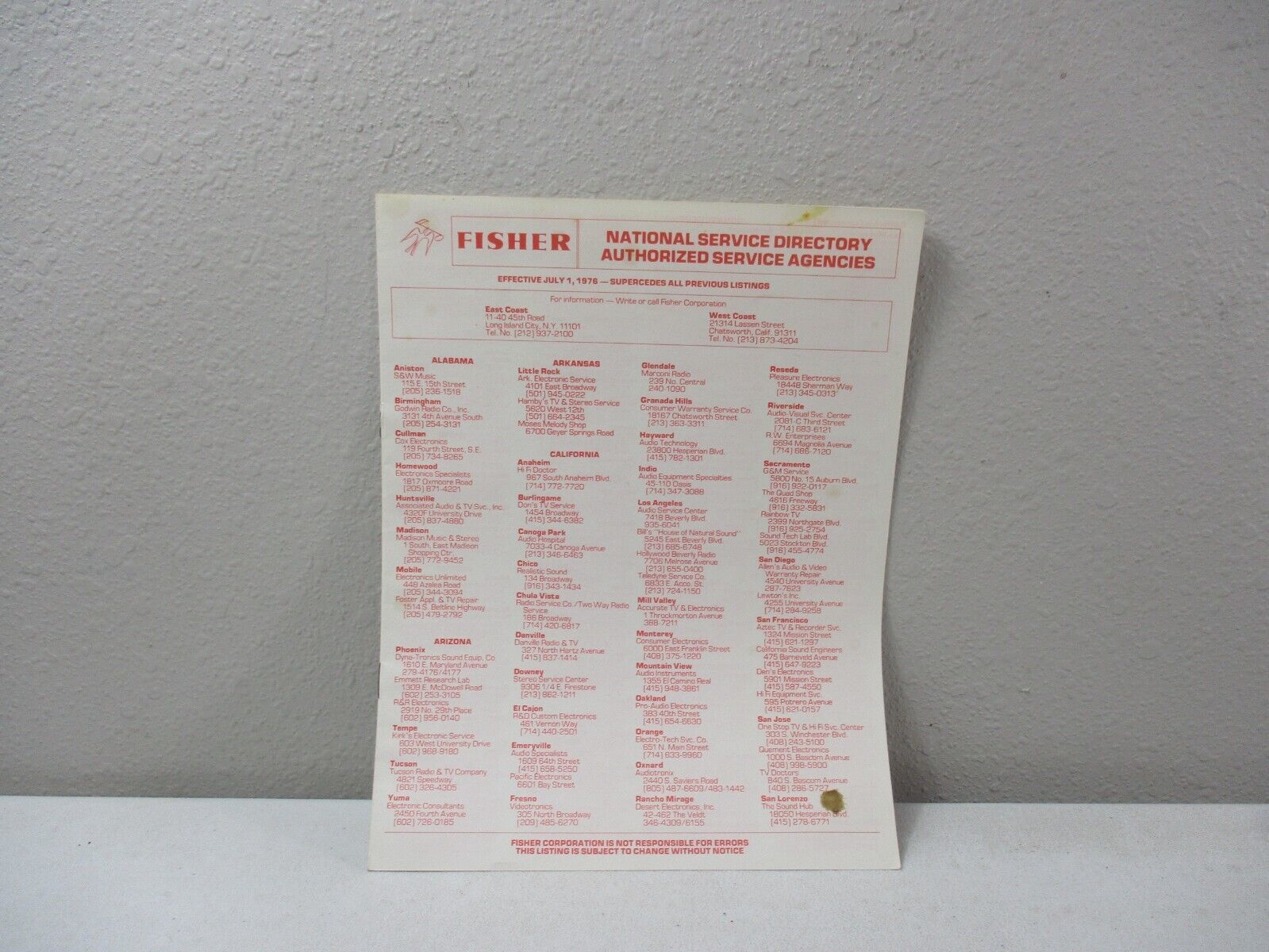 Vintage 1976 Fisher Stereo Receiver National Service Directory Manual