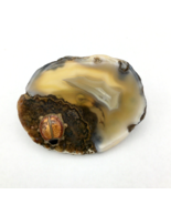 AGATE SLICE oval brooch - polished stone with enamel ladybug 1.25&quot; pin - £19.57 GBP