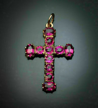 14k Yellow Gold Over 4Ct Oval &amp; Round Cut Ruby Royal Holy Cross Charm Pendant - £81.97 GBP