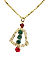 Christmas Bell Necklace Holidays Vintage Jewelry Rhinestones Gold-Tone Chain 14&quot; - £11.98 GBP