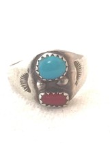 Vintage Sterling Silver Southwest Tribal Turquoise Coral Ring Size 7.25 4.9g - £44.84 GBP